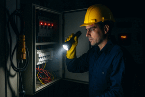Electrician fixing a circuit during emergency service